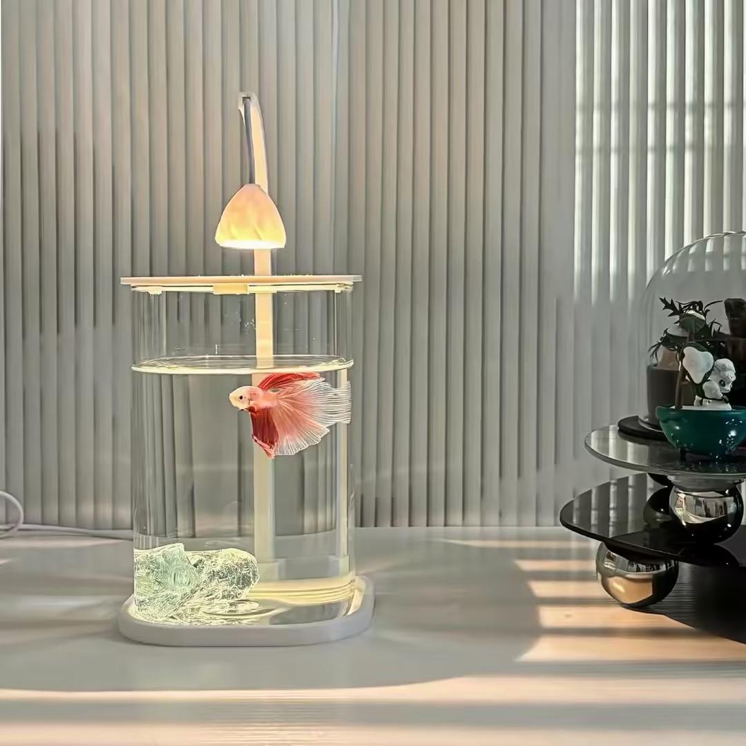 Planted Aquarium For Goldfish - 360 ° ตู้ปลาตั้งโต๊ะแบบพาโนรามาใสพร้อมไฟ LED ตกแต่ง ตู้เลี้ยงปลาขนาดเล็กโปร่งใสสำหรับปลาเบต้า